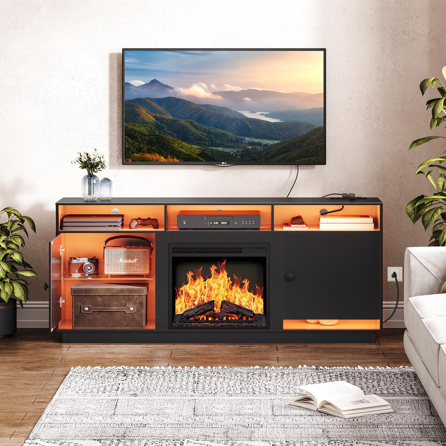 HOOBRO Electric Fireplace TV Stand with Charging Station and LED Lights, Black TV Stand with Fireplace for 32" 43" 50" 55" 65", Entertainment Center with Adjustable Glass Shelves, Black BK88UDDS01