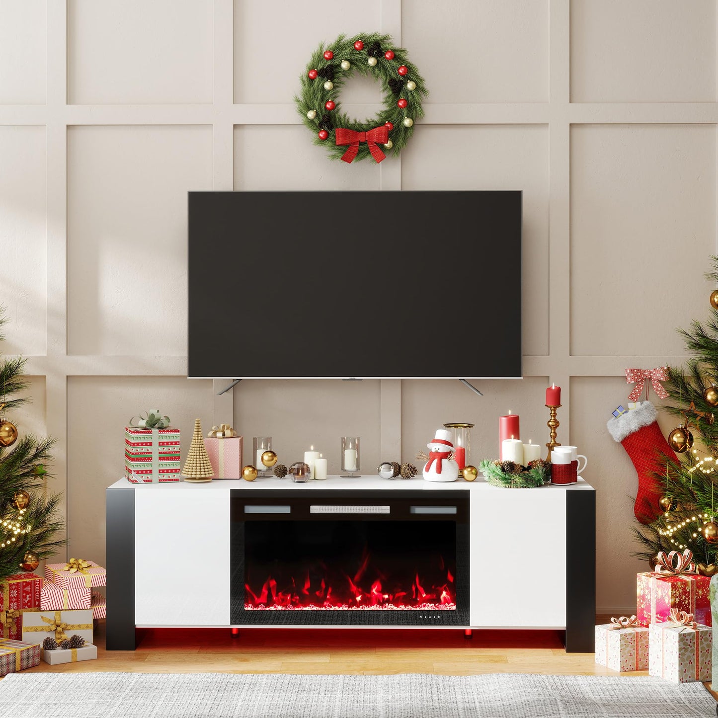 Real Relax 70" U-Shaped Leg TV Stand with 36" Electric Fireplace, High Gloss Finish Entertainment Center for TVs Up to 80", TV Console Cabinet for Living Room, White