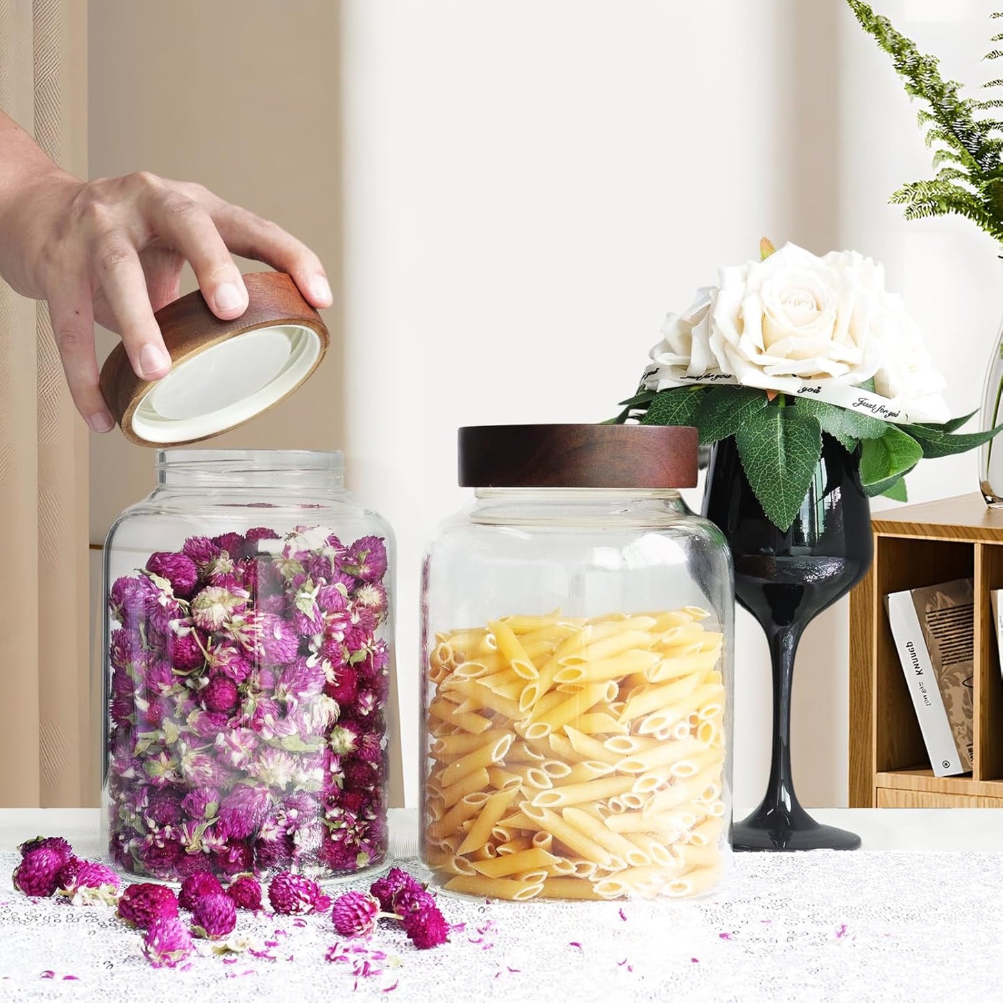 Glass Coffee Jars Spice Jar Round Storage Canister with Wooden Lid Clear Glass Food Jar for Pantry Sugar Tea Coffee Bean Spice Nuts Cookies Bath Salts (1800ml/60oz-2PACK(with spoon))