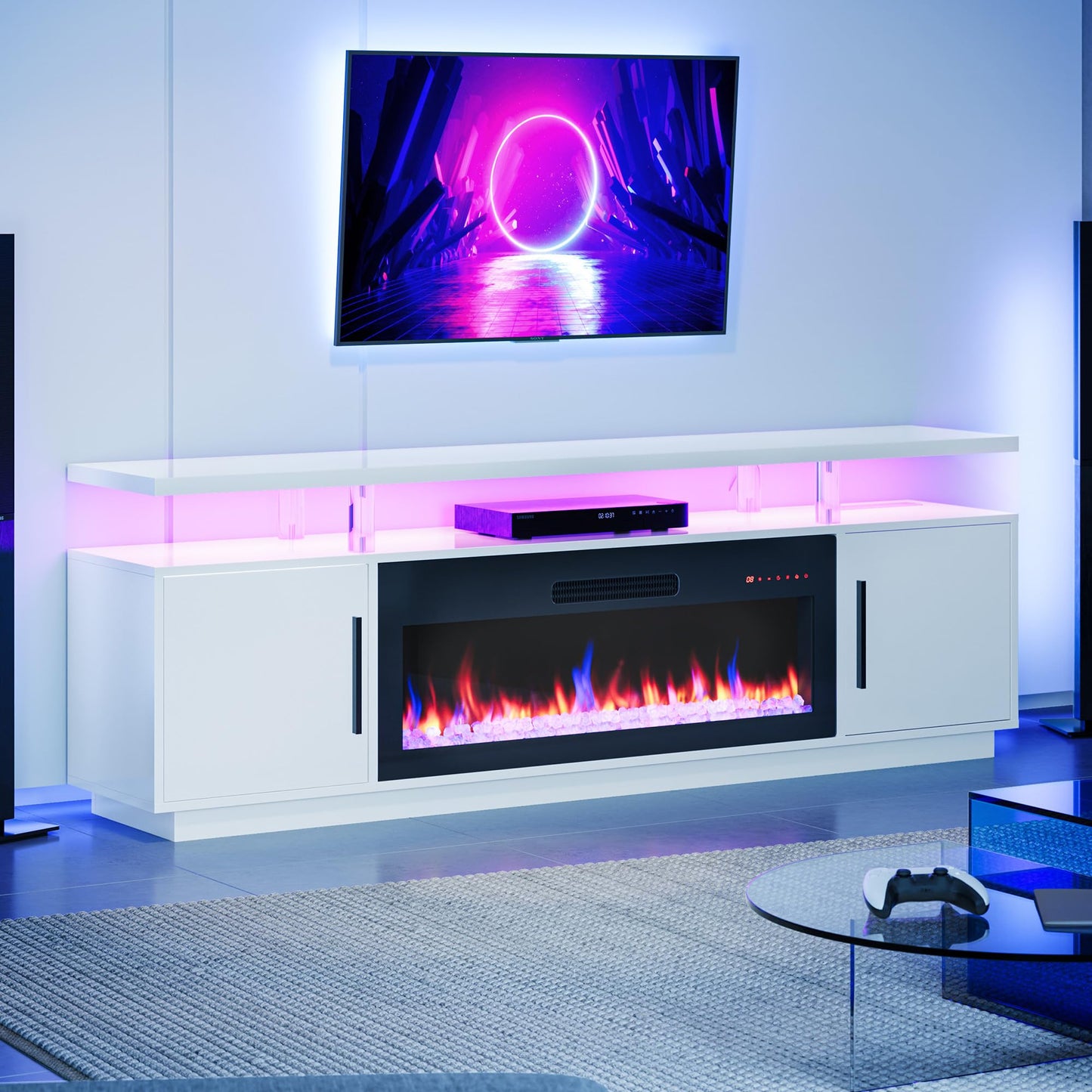 BELLEZE 79" TV Stand for TVs up to 85", LED Light Entertainment Center with 42" Electric Fireplace Heater, Storage Cabinet with USB AC Outlet, Media Console Table for Living Room - Avenue (White)