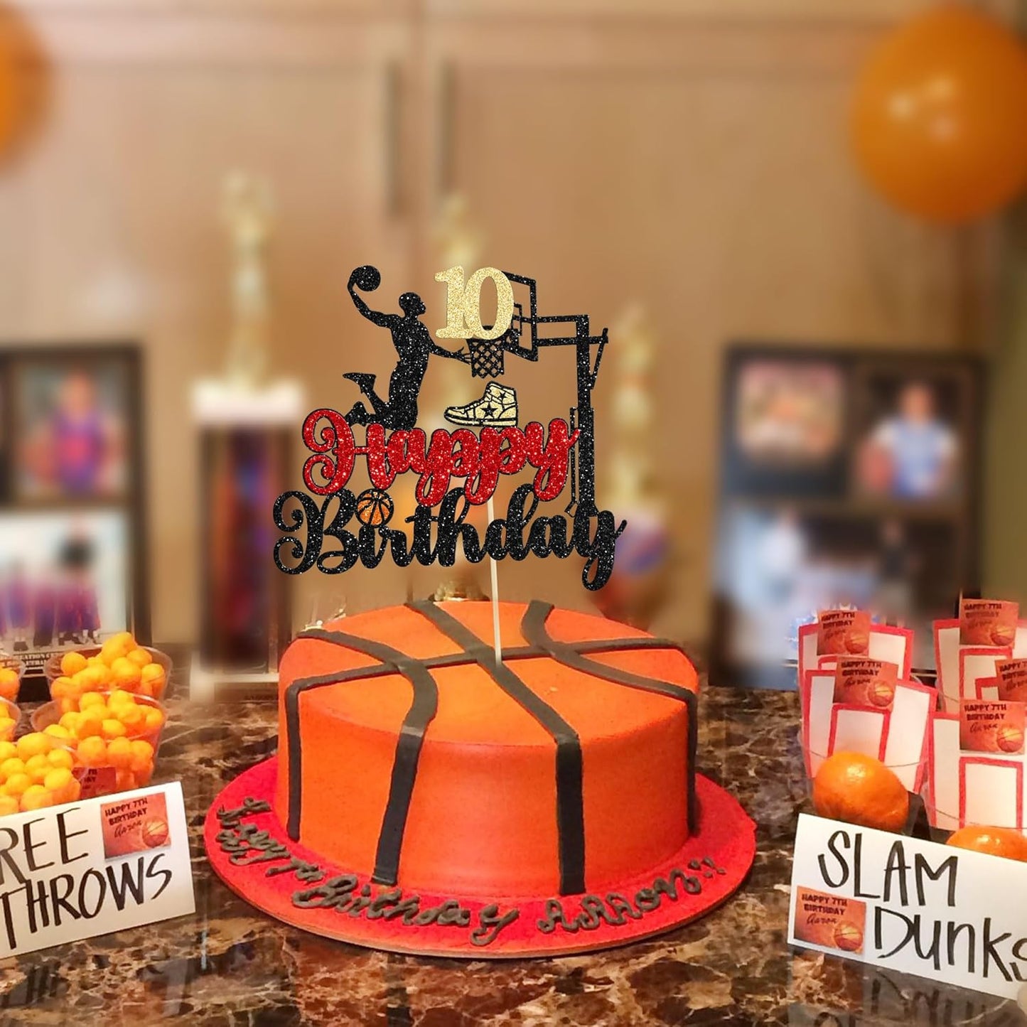 1Pc 10th Birthday Basketball Cake Topper Glitter Basketball Sports Theme Cake Pick for Baby Shower 10th Birthday Cake Decorations Party Supplies Black
