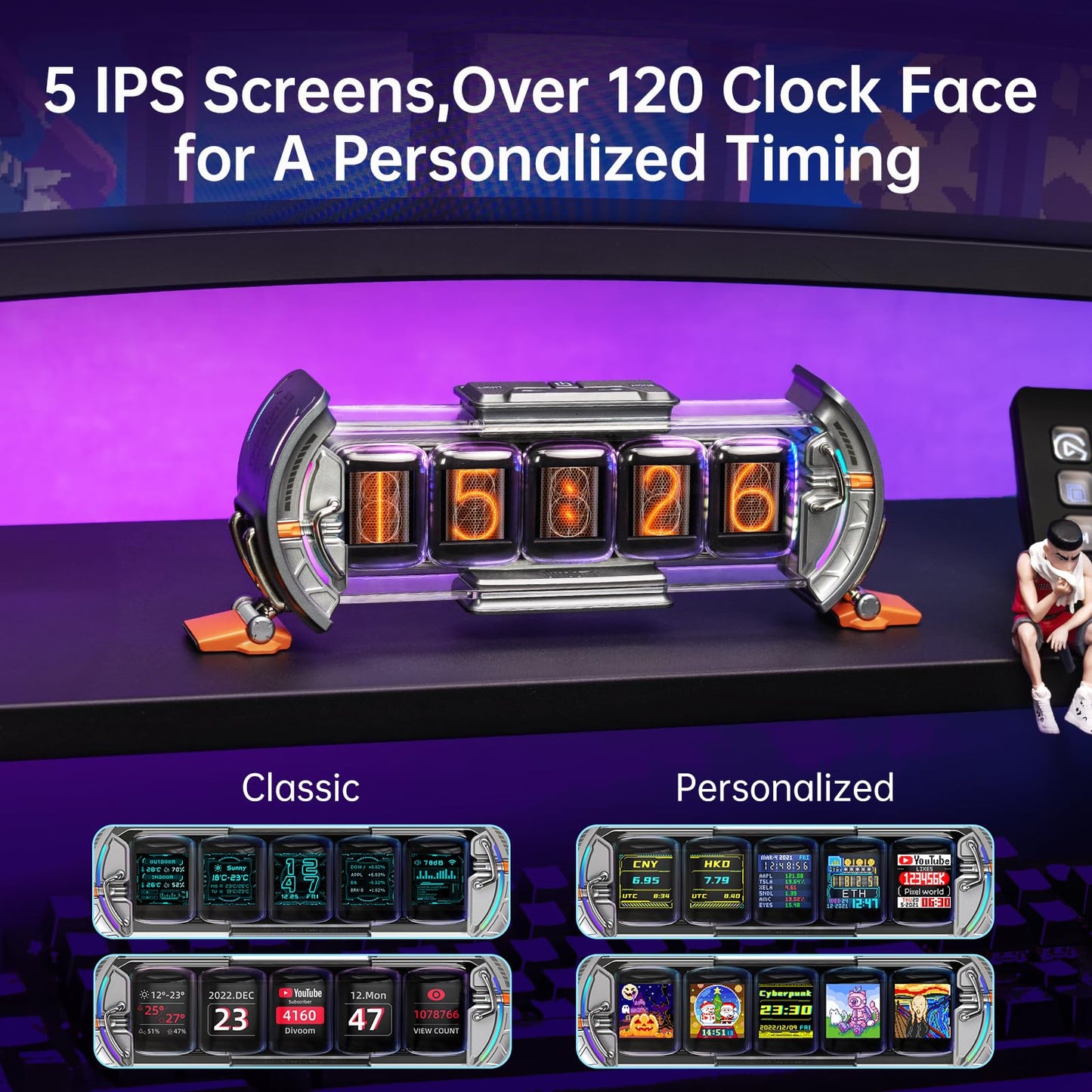 Divoom Times Gate - Cyberpunk Gaming Setup Digital Clock with Smart APP Control, WiFi Connect, RGB LED Display, Personalized Dashboard, Pixel Art for Gaming Room & Office Decor(Sliver)