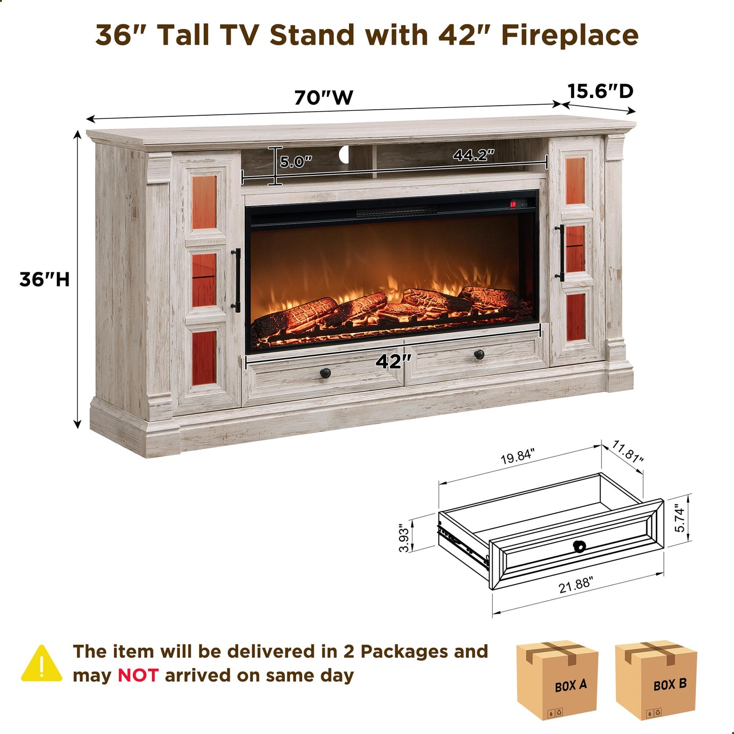 OKD Fireplace TV Stand for up-to-80 TV, Farmhouse 36" Tall Entertainment Center with 42" Electric Fireplace, Media Console with Glass Door Cabinets & Drawers for Living Room, Antique Brush White