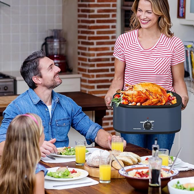 26 Quart Electric Roaster Oven with Visible & Self-Basting Lid, Large Turkey Roaster with Defrost Warm Function, Adjustable Temperature, Removable Pan Rack, Stainless Steel, Blue