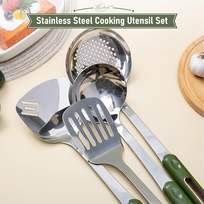 FJNATINH Spatula and Ladle Set - 2 Wok Tools - Universal Ladle and Spatula - Stainless Steel Cooking Utensils and Accessories, 13"-14", Green Handle