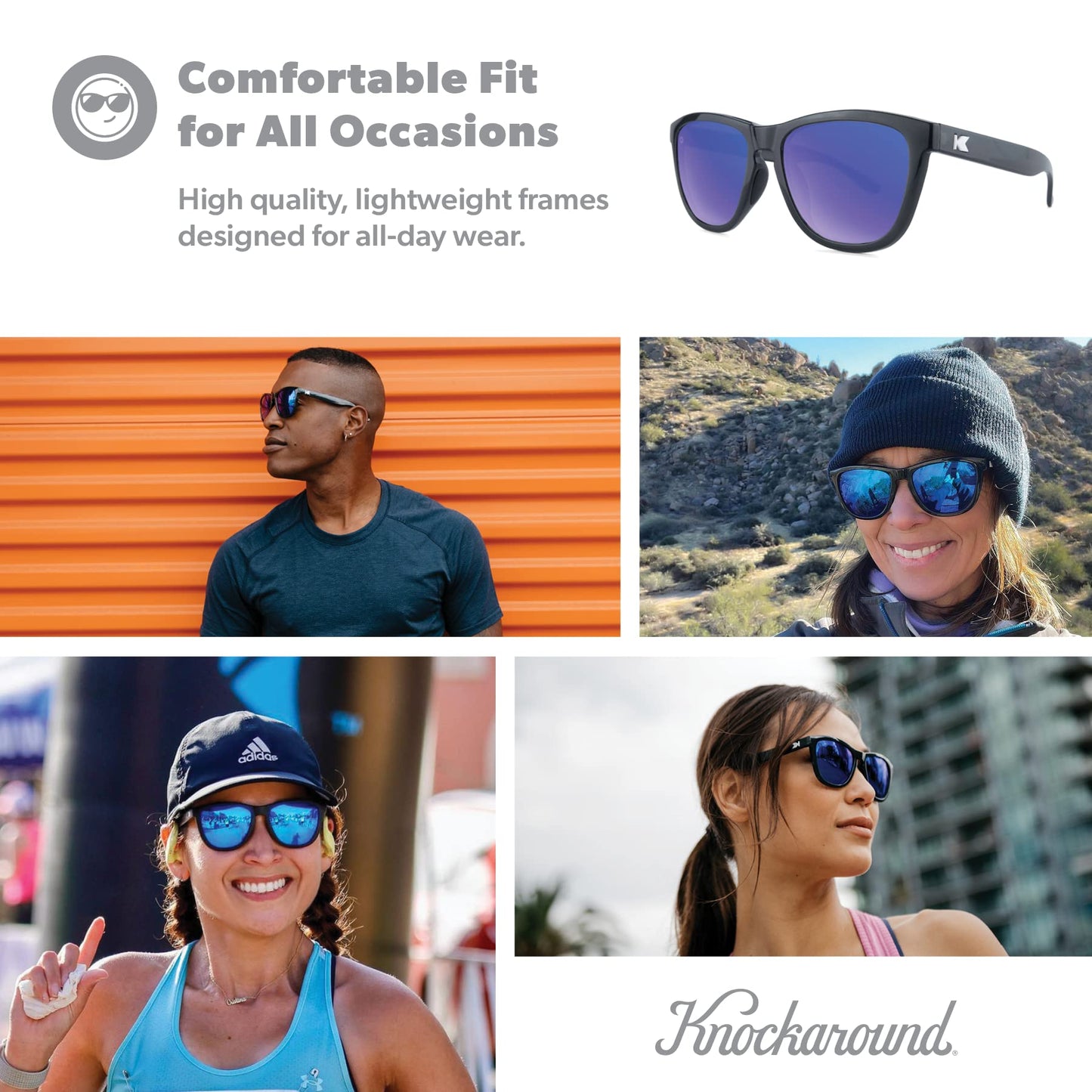 Knockaround Premiums Sport - Polarized Running Sunglasses for Women & Men - Impact Resistant Lenses & Full UV400 Protection, Jelly Black Frame/Blue Moonshine Lenses