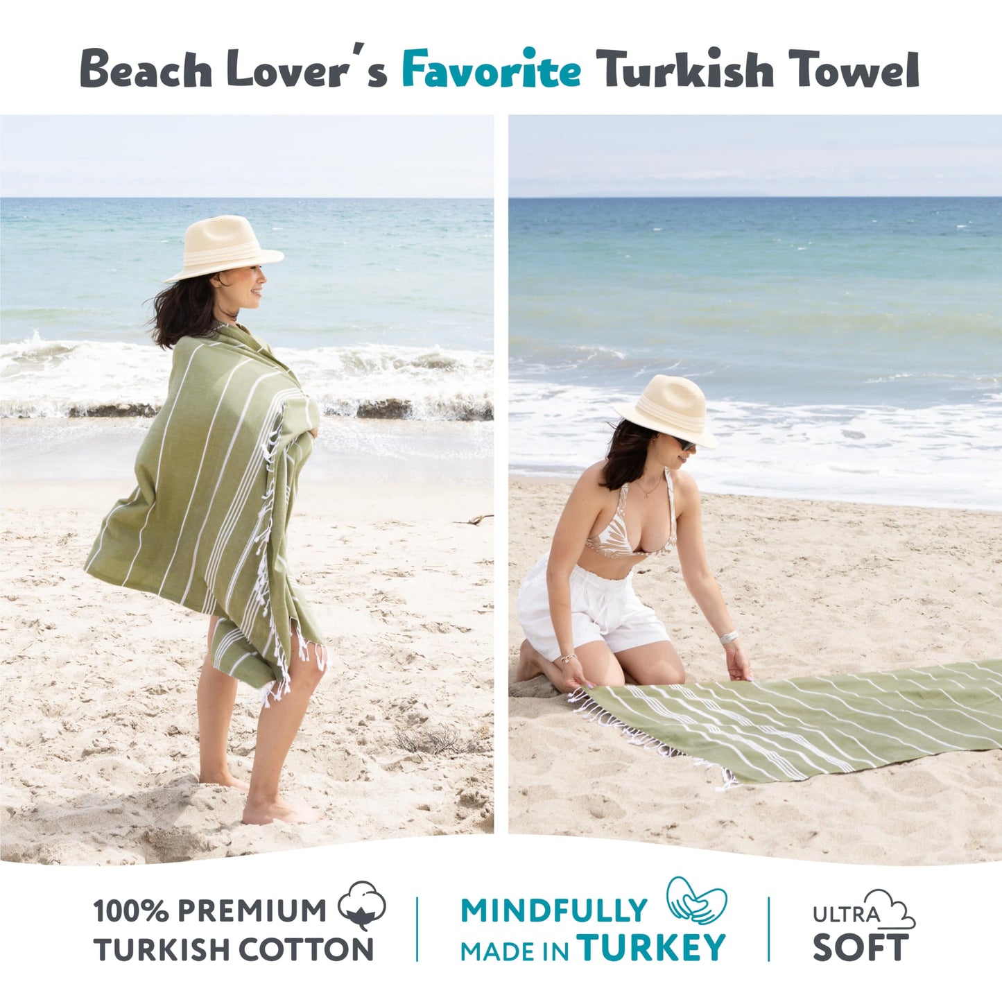 WETCAT Turkish Beach Towel Oversized 38x71 100% Cotton Sand Free Quick Dry Extra Large Light Travel Towel for Adults Beach Accessories Gifts - Sage Green