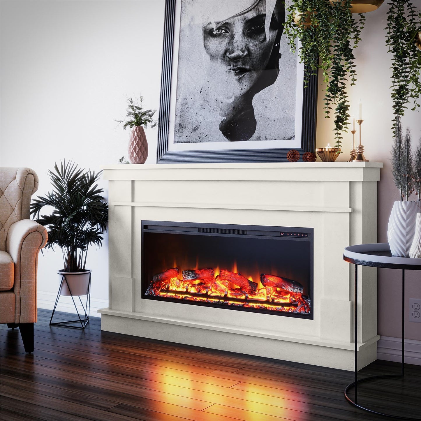 Ameriwood Home Elmcroft 64 Inch Electric Fireplace with Mantel, Replaceable Fireplace Insert Heater, Remote Control, Timer, Realistic Log and Flame Effect, for Living Room or Bedroom, Plaster