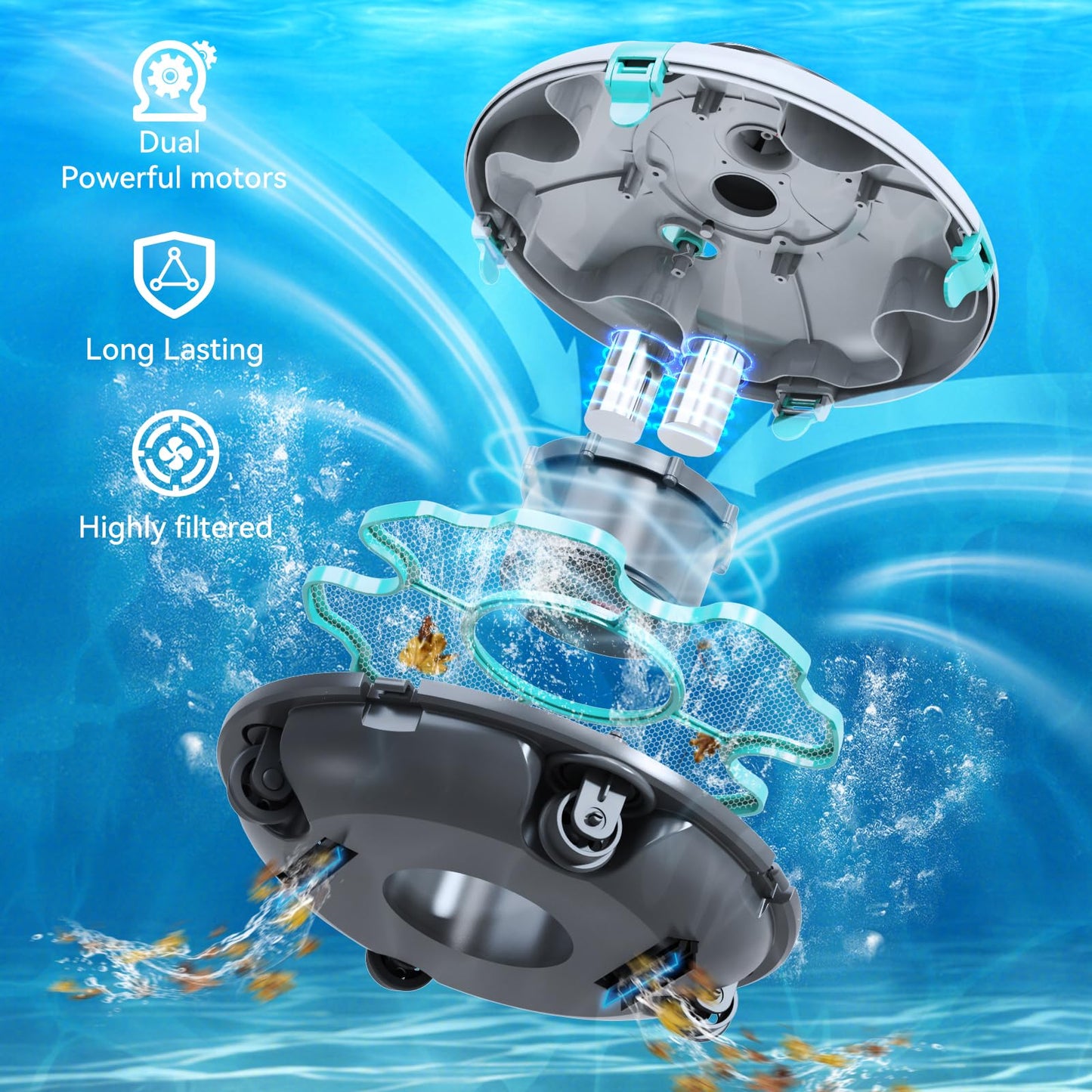 Cordless Robotic Pool Cleaner, Automatic Above Ground Pool Vacuum with 70 Mins Runtime, 15KPa Powerful Suction, Self-Parking, Lightweight, Ideal for Above-Ground Flat Pools up to 38 Feet, Green