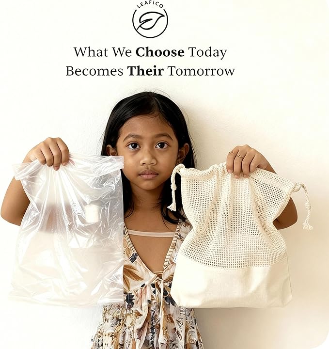 LEAFICO Reusable Produce Bags – 100% Cotton Mesh & Solid Hybrid (XL 14x18 inch 6 Pcs) – Extra Large Bags for Potatoes, Laundry, Toys, Bulk Storage – Washable, Plastic-Free, Breathable, Zero Waste