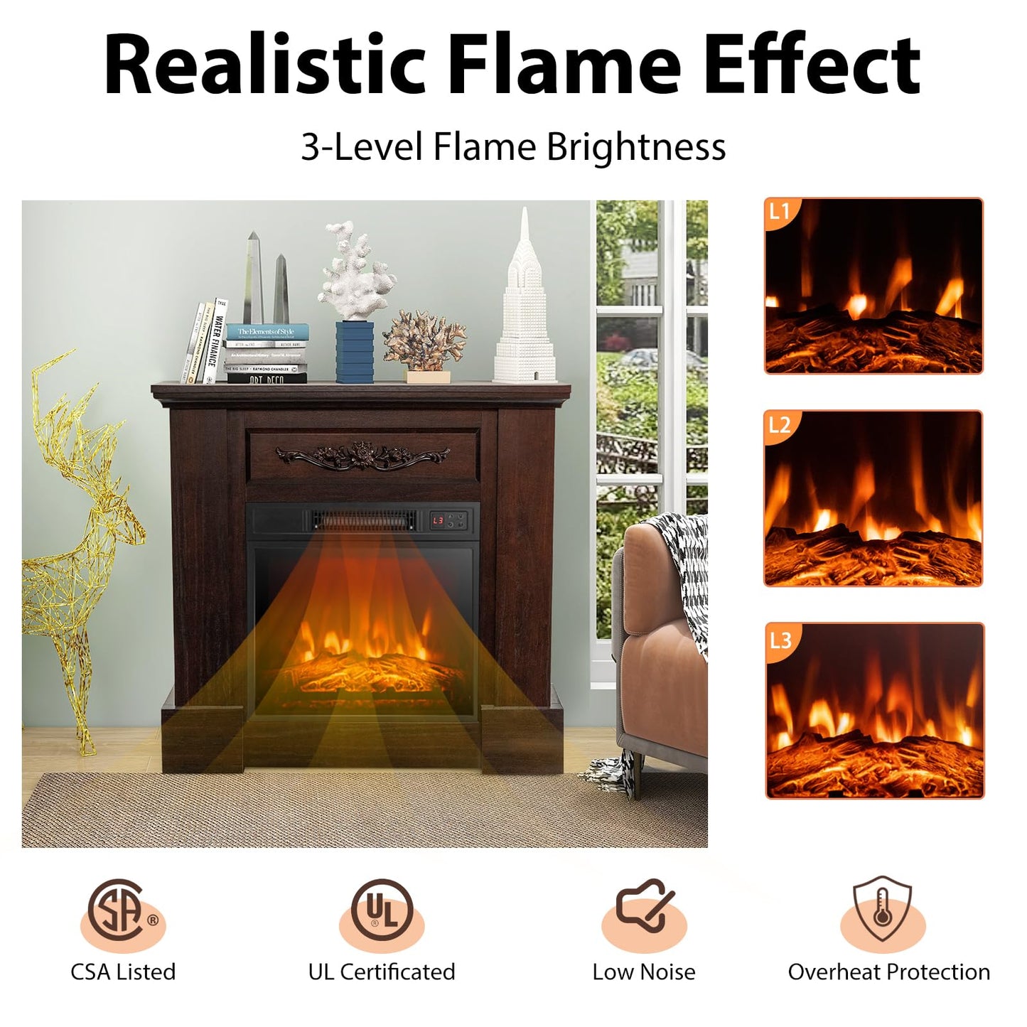 COSTWAY 32-inch Electric Fireplace with Mantel, 1400W Freestanding Fireplace Heater with Remote Control, Thermostat, 6H Timer, Adjustable 3D Flame Effect, Fireplace Mantel for Living Room, Brown