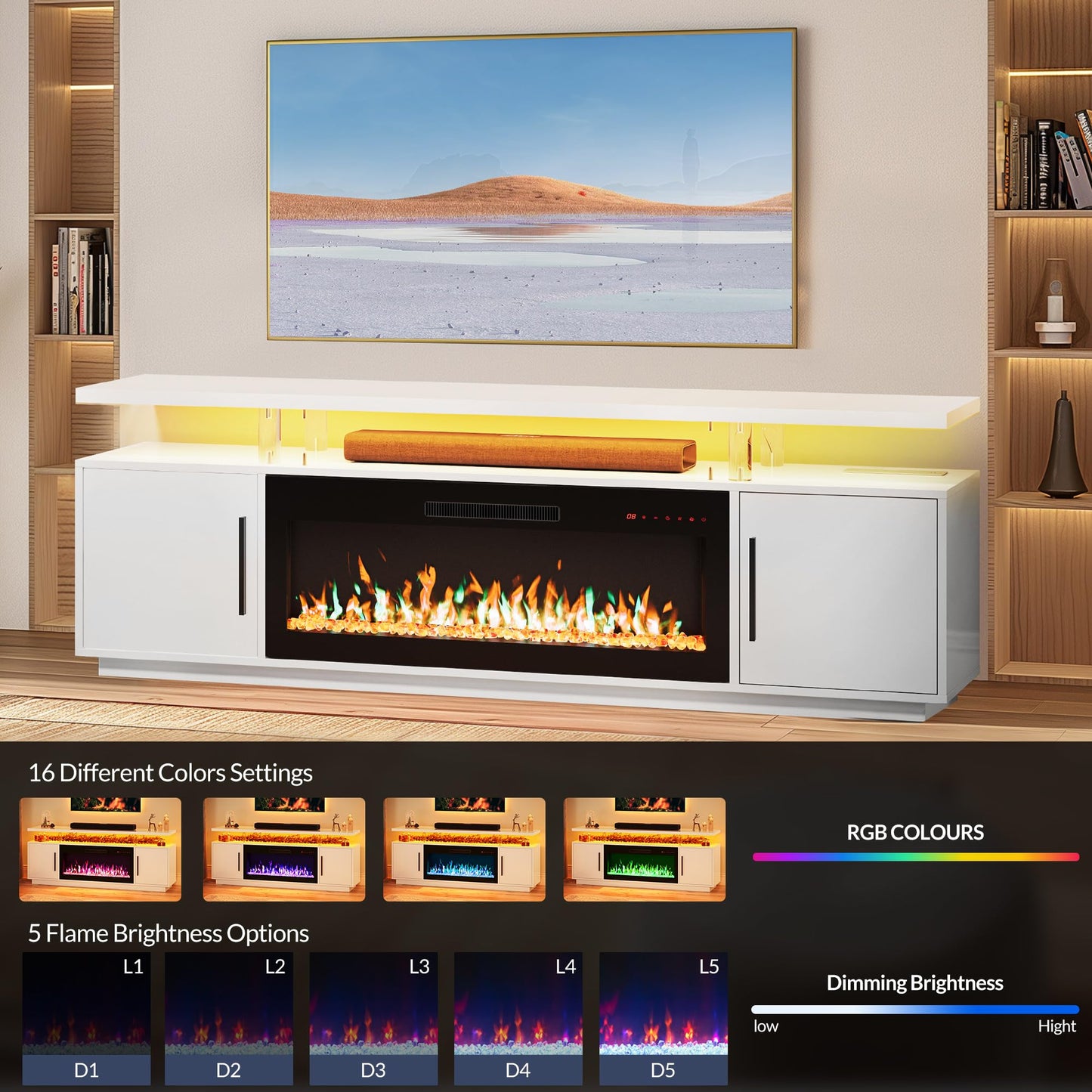 BELLEZE 79" TV Stand for TVs up to 85", LED Light Entertainment Center with 42" Electric Fireplace Heater, Storage Cabinet with USB AC Outlet, Media Console Table for Living Room - Avenue (White)