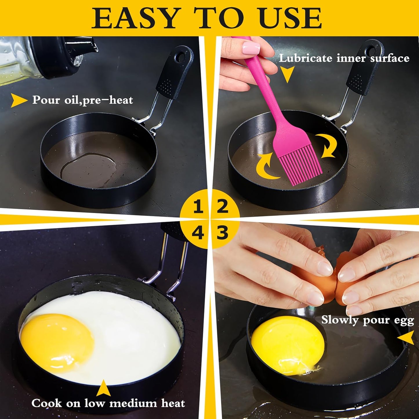 2 packs 3.5'' Egg Rings Set with Silicone Handle, Stainless Steel Egg Cooking Rings,Nonstick,For Frying Eggs and Egg Mcmuffins, Egg Mold For Breakfast