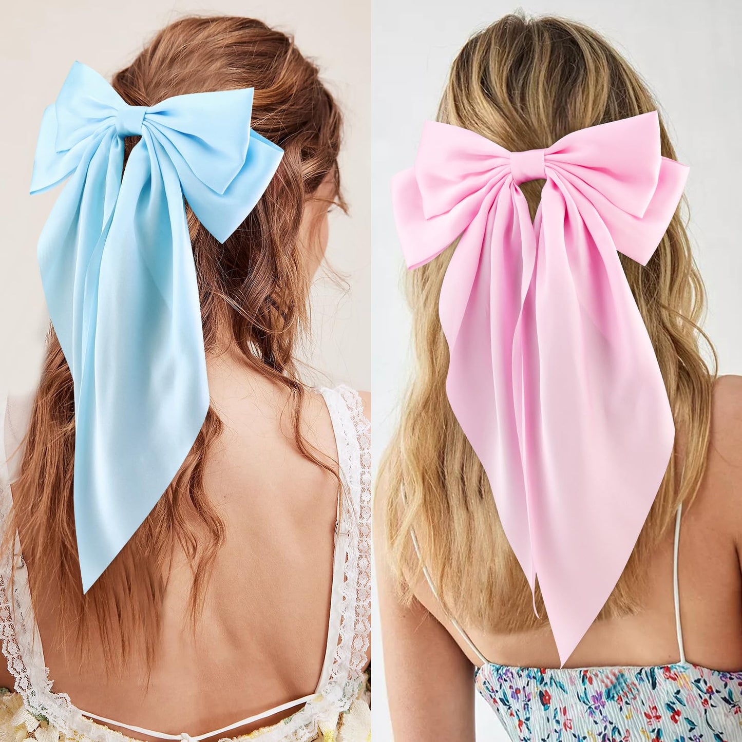 VELSCRUN Women's & Girls' 4-Pack Navy Blue & Pink Satin Hair Bows - Large Coquette & Oversized Ribbons - Long Tail Barrettes - Hair Accessories & Gifts
