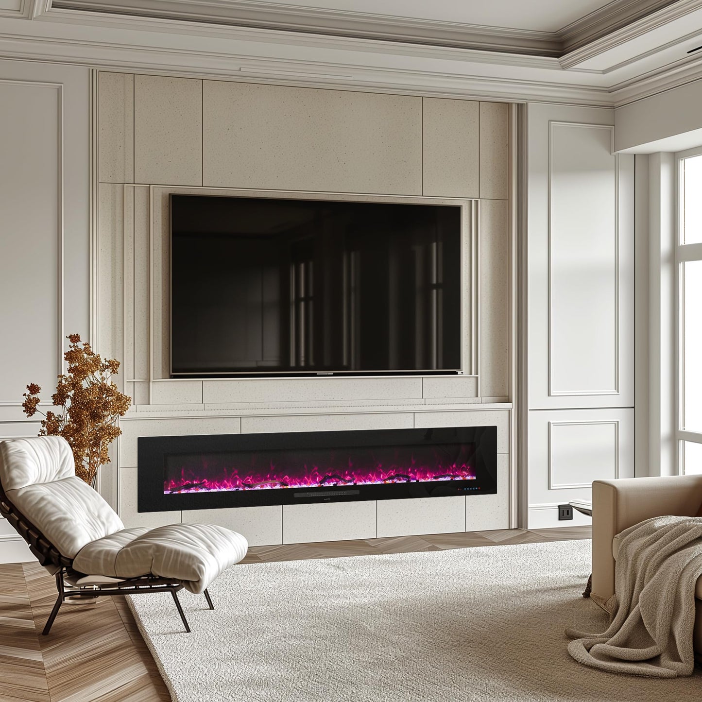 Dreamflame 72" Electric Fireplace, Recessed & Wall Mounted Fireplace Heater 13 * 13 Colors Flame &Fuel Bed w/5 Dimmer, Touchscreen &Remote Control Temp, Overheating Protect, Hardwired, 1500W, Black