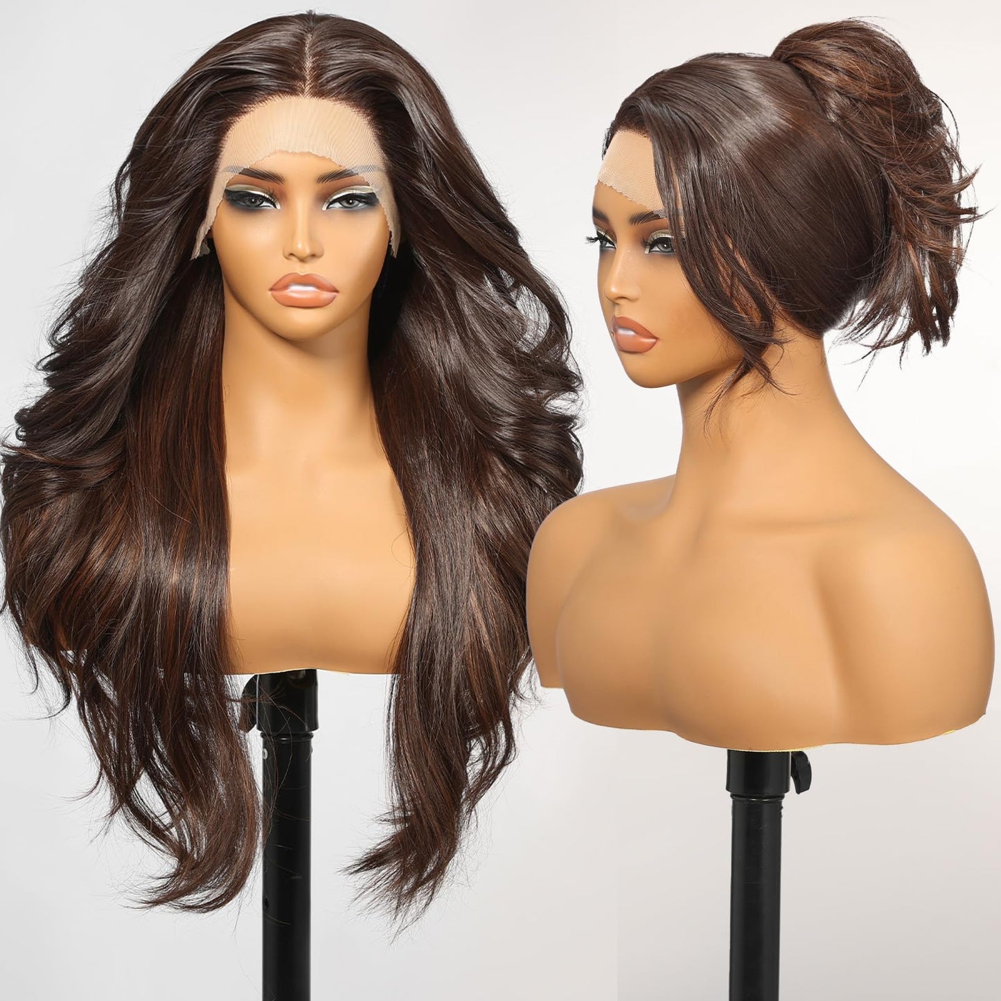 KOME Brown Synthetic Lace Front Wig,13x4 HD Lace Layered Wave Glueless Wigs for Women Daily Use 26IN