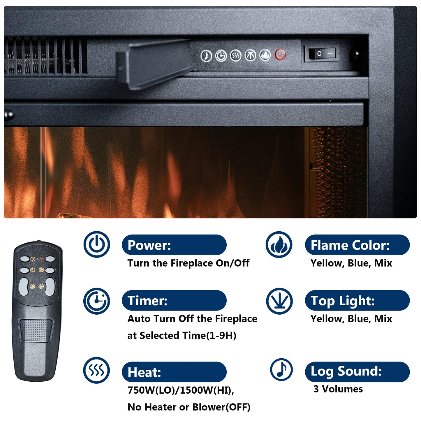 Velaychimny 42" Electric Fireplace Insert with Metal Trim Kit, Adjustable Flame, Fire Crackling Sound, Top Light Colors, Timer, Glass Door & Mesh Screen, Black
