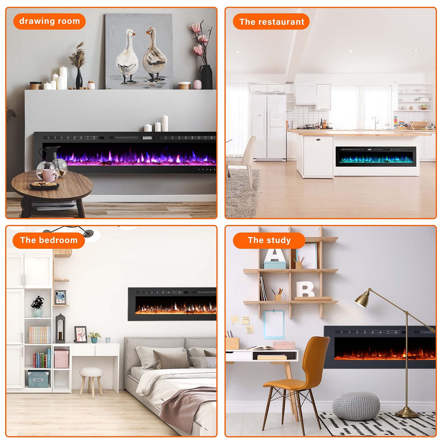100 inch Electric Fireplace Insert, Wall Mounted, 12 Flame Colors, Remote Control, Timer
