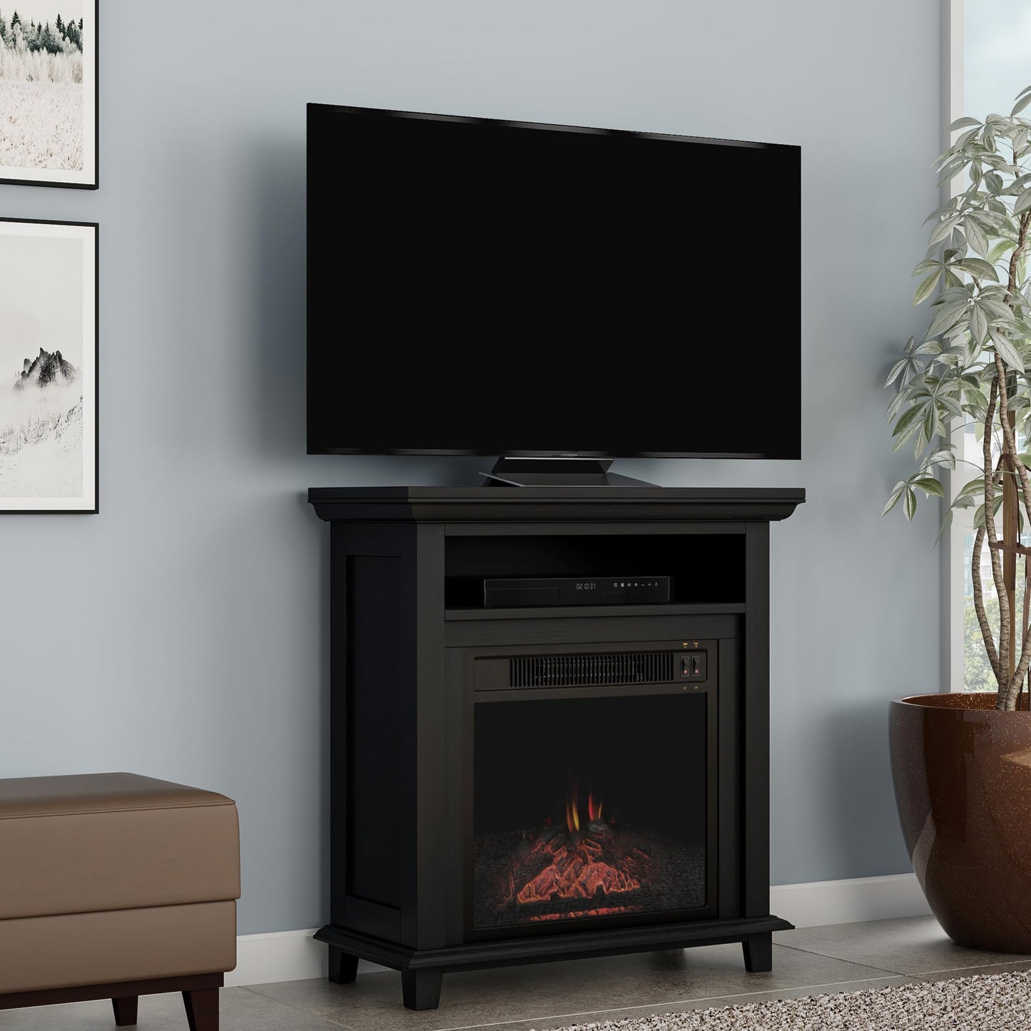 27 Inch Electric Fireplace TV Stand for 32" Screen - Fireplace Mantel TV Console Entertainment Center with Shelf - 1400W Electric Heater with Mantel Heats Rooms up to 400 SQ FT by Northwest (Black)