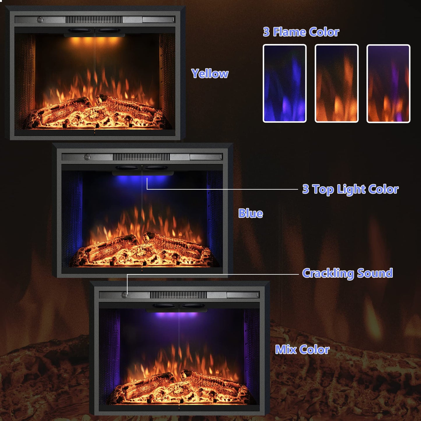 Velaychimny 42" Electric Fireplace Insert with Metal Trim Kit, Adjustable Flame, Fire Crackling Sound, Top Light Colors, Timer, Glass Door & Mesh Screen, Black