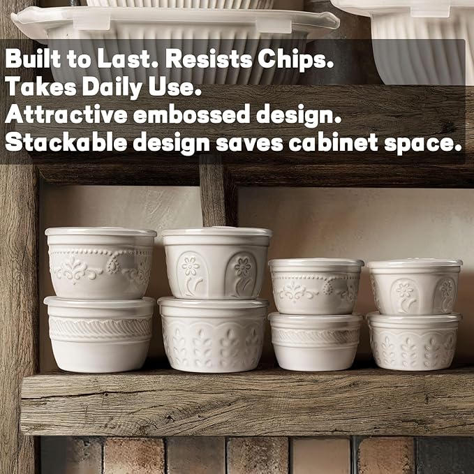 Artena Ramekins with Lids, Creme Brulee Ramekins Oven Safe, Ceramic Pudding Cups, Souffle Cups, Custard Cups, Dipping Sauce Cups, Food Storage Containers with Lids, Set of 4 (Willow Leaf, 4 oz)