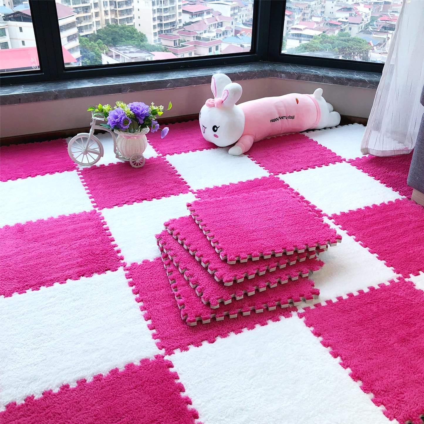 easycustomerlee 12pcs Interlocking Carpet Shaggy Soft EVA Foam Mats Fluffy Rugs Protective Floor Tiles Play Mats for Children Kids Room Home Parlor Bedroom(Rose)