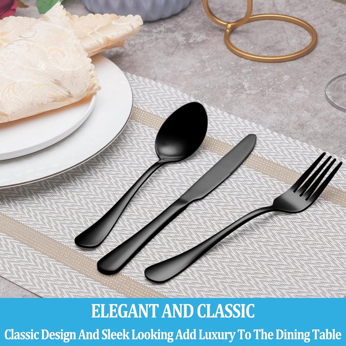30 Pcs Black Silverware Set, Stainless Steel Flatware Set Service for 6, Mirror Polished Cutlery Utensil Set, Durable Home Kitchen Eating Tableware Set, Include Fork Knife Spoon Set, Dishwasher Safe