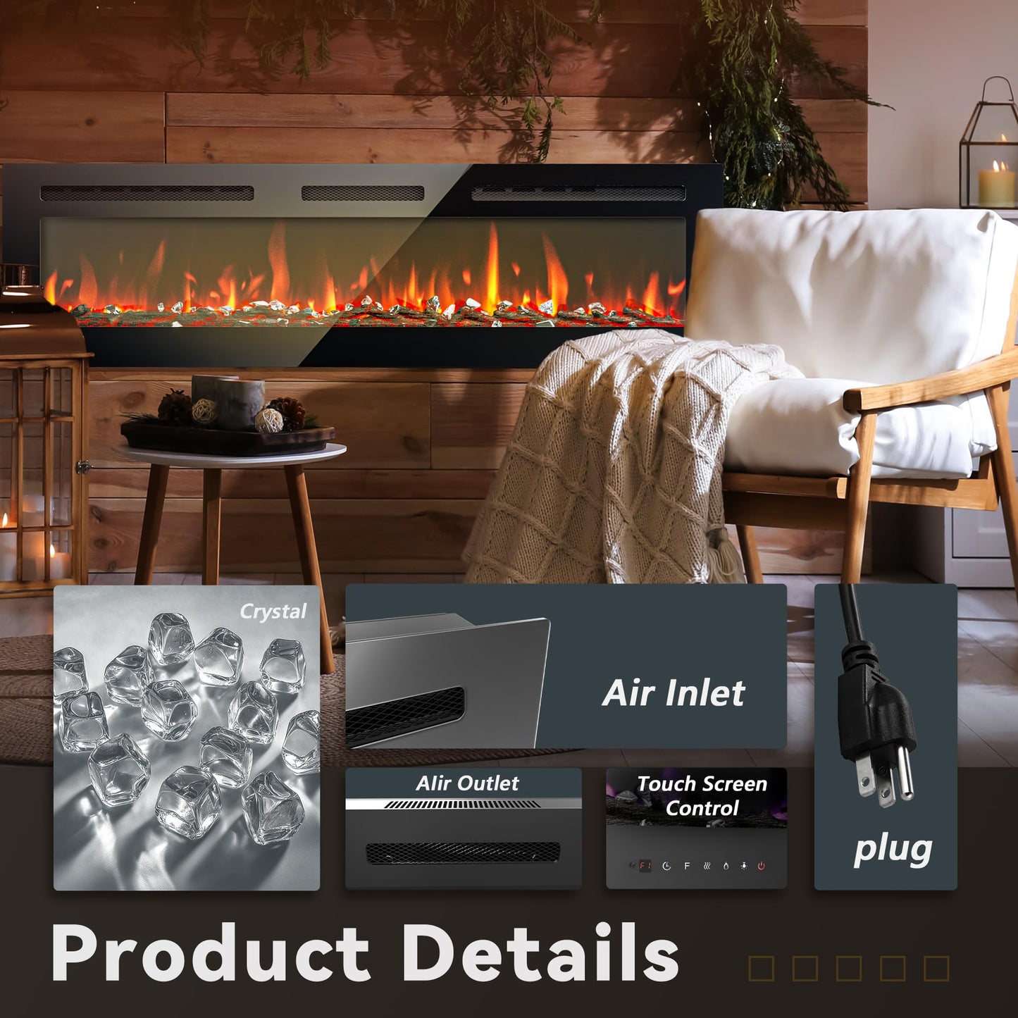 EUHOMY 60 Inch Electric Fireplace Wall Recessed and Wall Mounted with Adjustable Flame Color, Fireplace Heater with Remote Control, Linear Fireplace with Timer, Touch Screen, Log & Crystal, 750/1500W