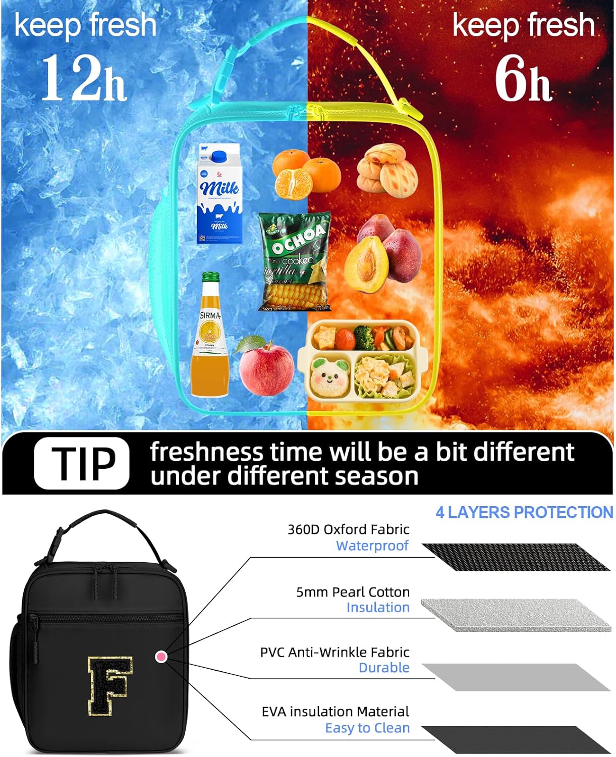 Initial Insulated Lunch Bag for Boys Kids, Back to School Gift, Reusable Leak-proof Lunch Box with Adjustable Strap for School Daycare Travel Picnic(Black,F)