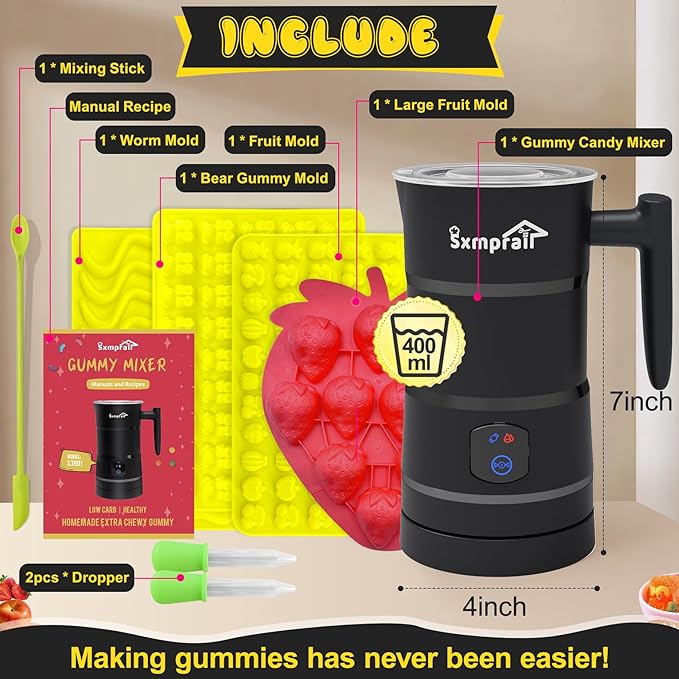 Gummy Maker Machine, Oil Infused Gummy Candy Maker, DIY Edible Gummy, Jelly & Pudding, Gummy Making Kit, Include Bear Mold, Fruit Mold, Worm Mold & Mixing Stick 5-Years Free Replacement (Black)