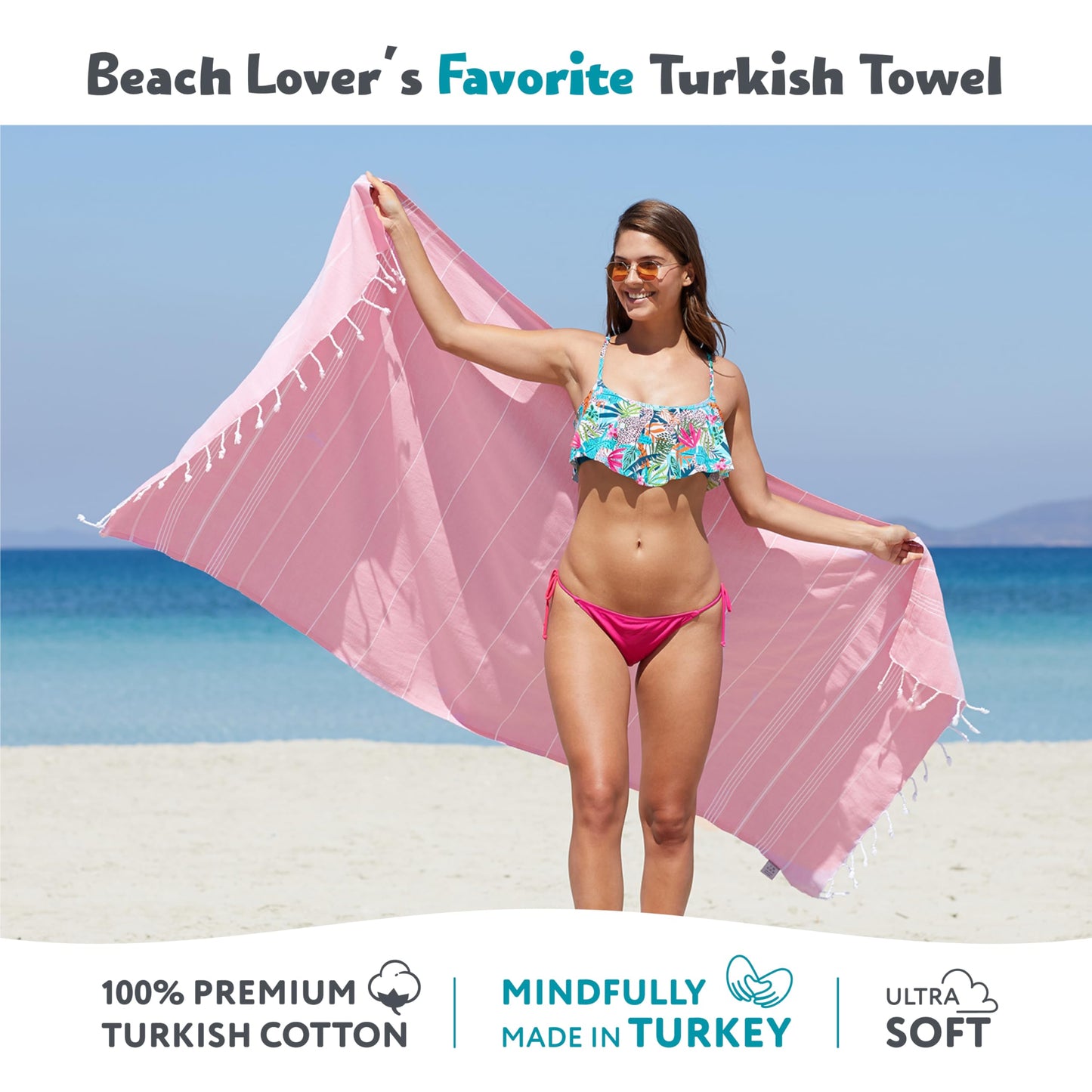 WETCAT Turkish Beach Towel Oversized 38x71 100% Cotton Sand Free Quick Dry Extra Large Light Travel Towel for Adults Beach Accessories Gifts - Light Pink
