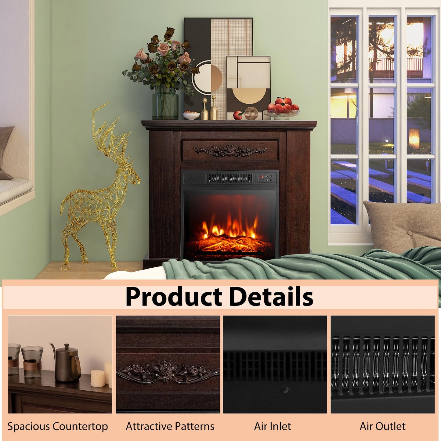 COSTWAY 32-inch Electric Fireplace with Mantel, 1400W Freestanding Fireplace Heater with Remote Control, Thermostat, 6H Timer, Adjustable 3D Flame Effect, Fireplace Mantel for Living Room, Brown