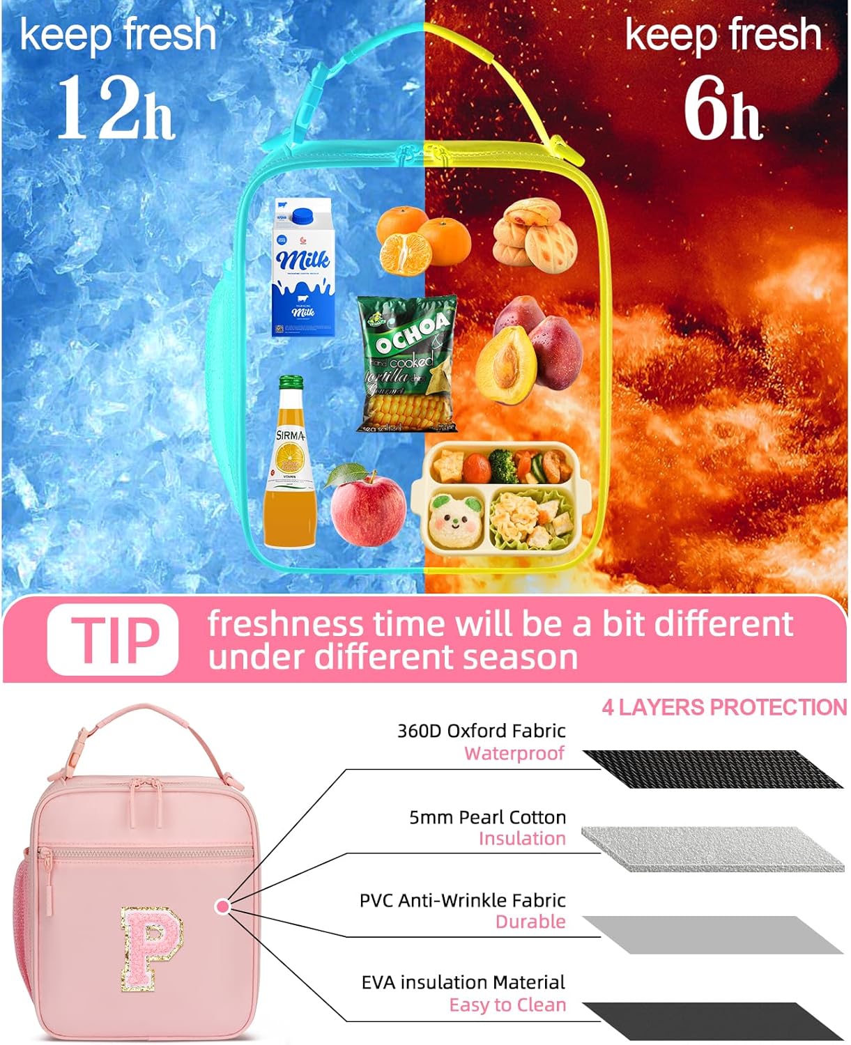 Initial Insulated Lunch Bag for Girls Kids, Back to School Gift, Reusable Leak-proof Lunch Box with Adjustable Strap for School Daycare Travel Picnic (Pink,P)