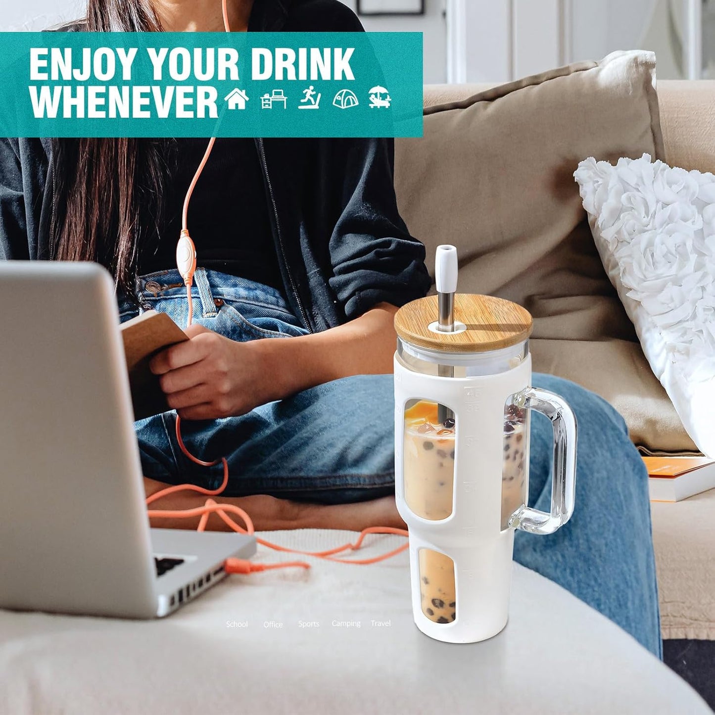 Glass Tumbler with Lid and Straw, 46 oz Iced Coffee Cup with Handle, Large Water Bottles with Silicone Sleeve, Glass Cup with Straws - Pearl Straw & Drinking Straw BPA Free-White