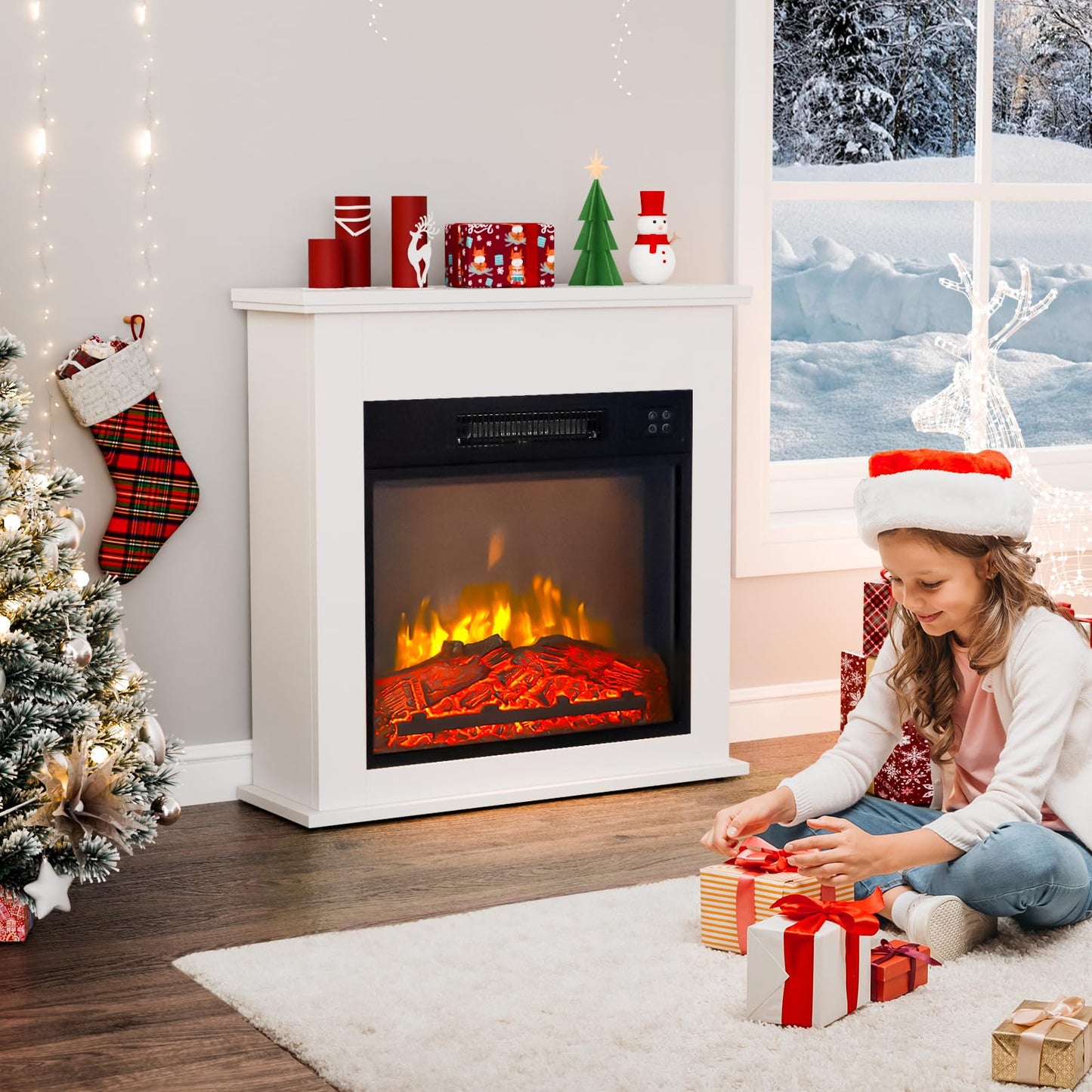 ROVSUN 25'' Electric Fireplace with Mantel, Freestanding Heater with Remote, Timer, Realistic Flame & Adjustable Temperature for Home Bedroom Living Room Indoor, 1400W