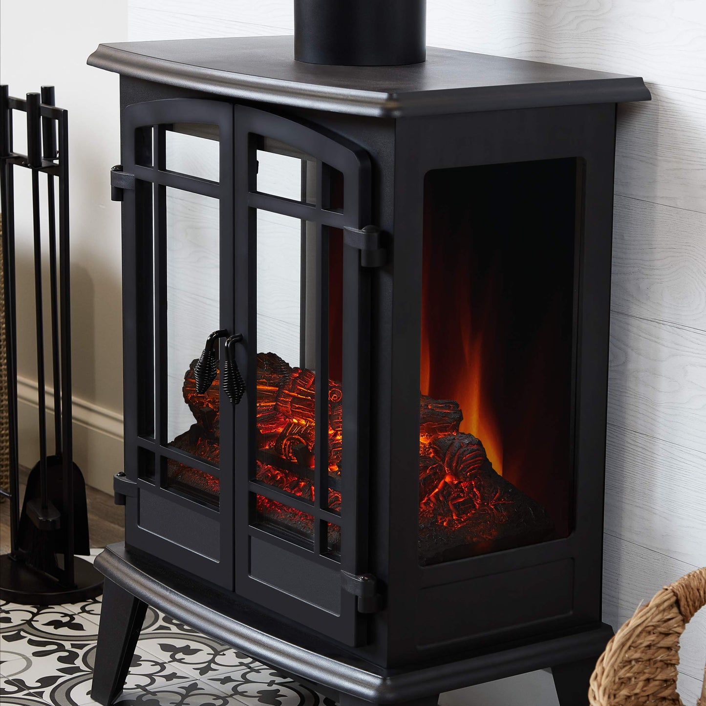 Real Flame Foster 25" Stove Electric Fireplace for Living Room or Bedroom, Realistic Log and Flame Effect, Freestanding Fireplace with Adjustable Thermostat, Auto Shut-Off