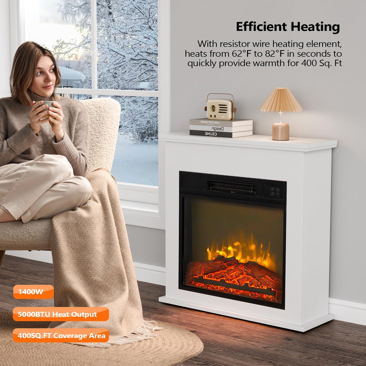 ROVSUN 25'' Electric Fireplace with Mantel, Freestanding Heater with Remote, Timer, Realistic Flame & Adjustable Temperature for Home Bedroom Living Room Indoor, 1400W