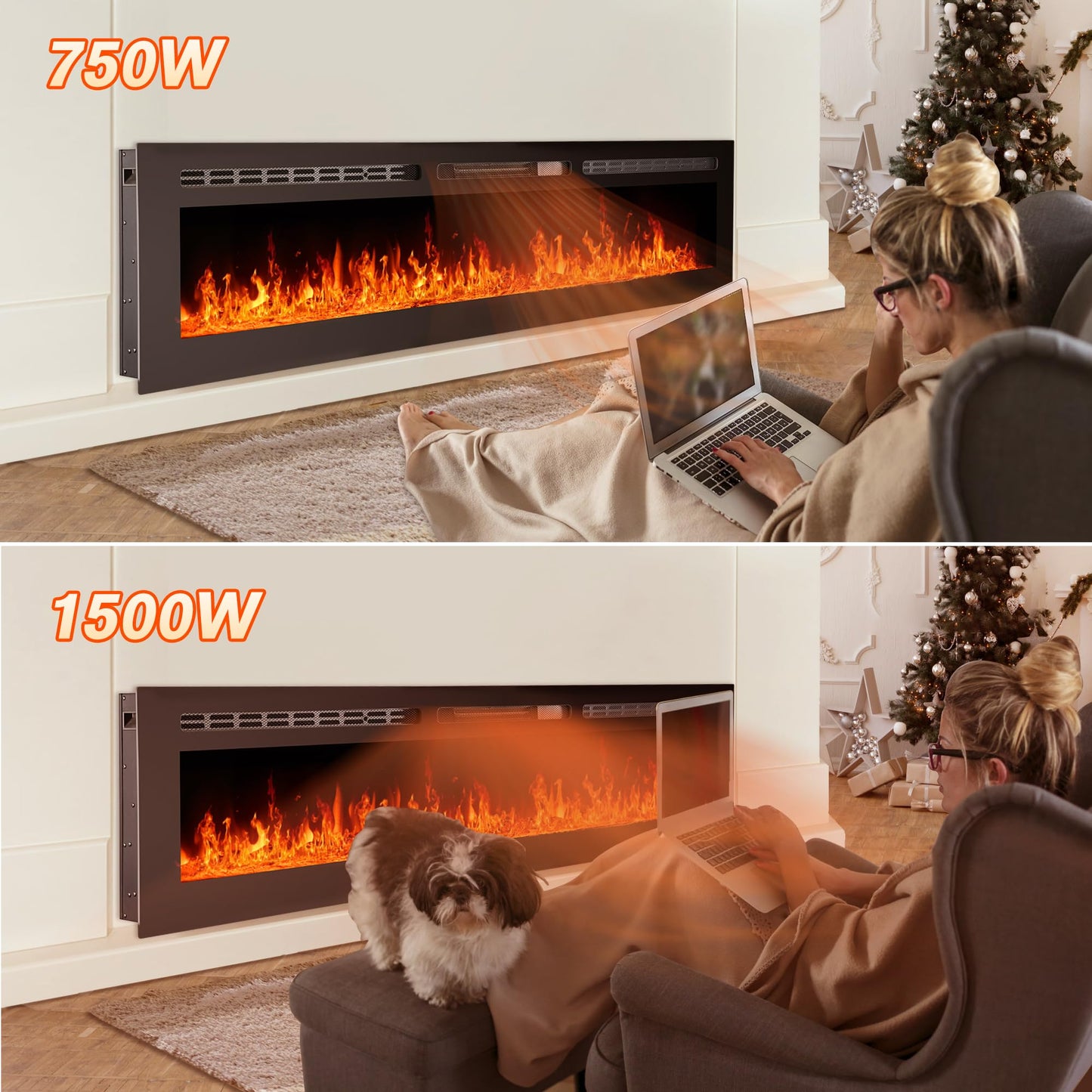 80 inch Ultra-Thin Electric Fireplace, Fireplaces Heater Wall Recessed or Wall Mounted, with Touch Screen Control Panel/Remote Control, Log & Crystal Included - 1500/750 Watt Heater