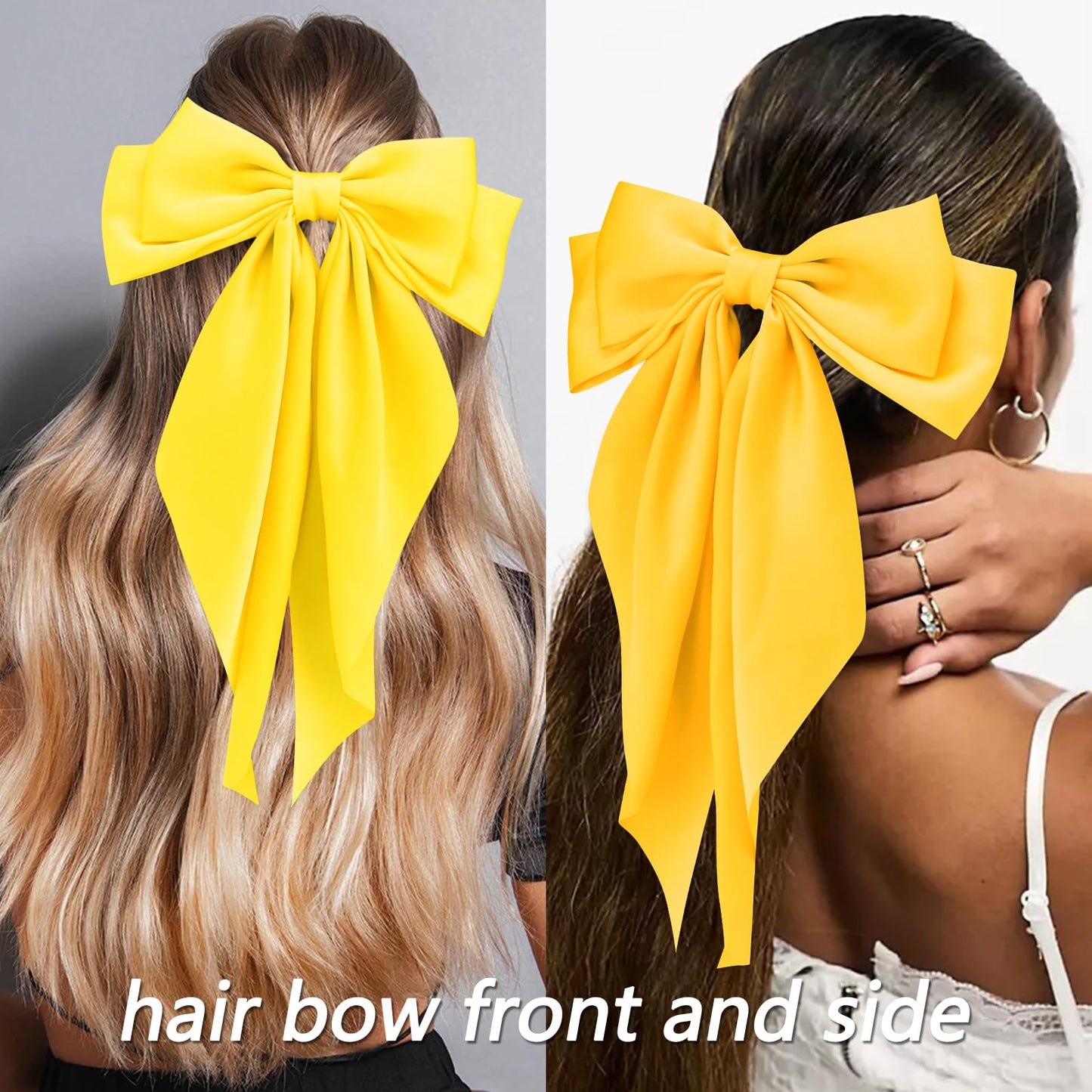 Velscrun Black White Bright Yellow Yellow Hair Bows for Women Girls, Silky Satin Large Coquette Bow, Oversized Hair Ribbons 4Pcs Big Bows Clip Long Tail Bowknot Hair Barrettes Bow Accessories