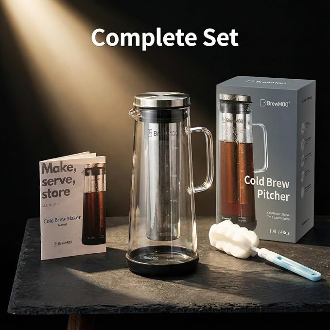 BrewMOO- Airtight Cold Brew Coffee Maker Pitcher, 1.4L/48Oz Thick Glass Carafe with Filter, Comfort Sturdy Handle & Wide Spout, Non-Slip Base | Iced Tea Maker (Black)