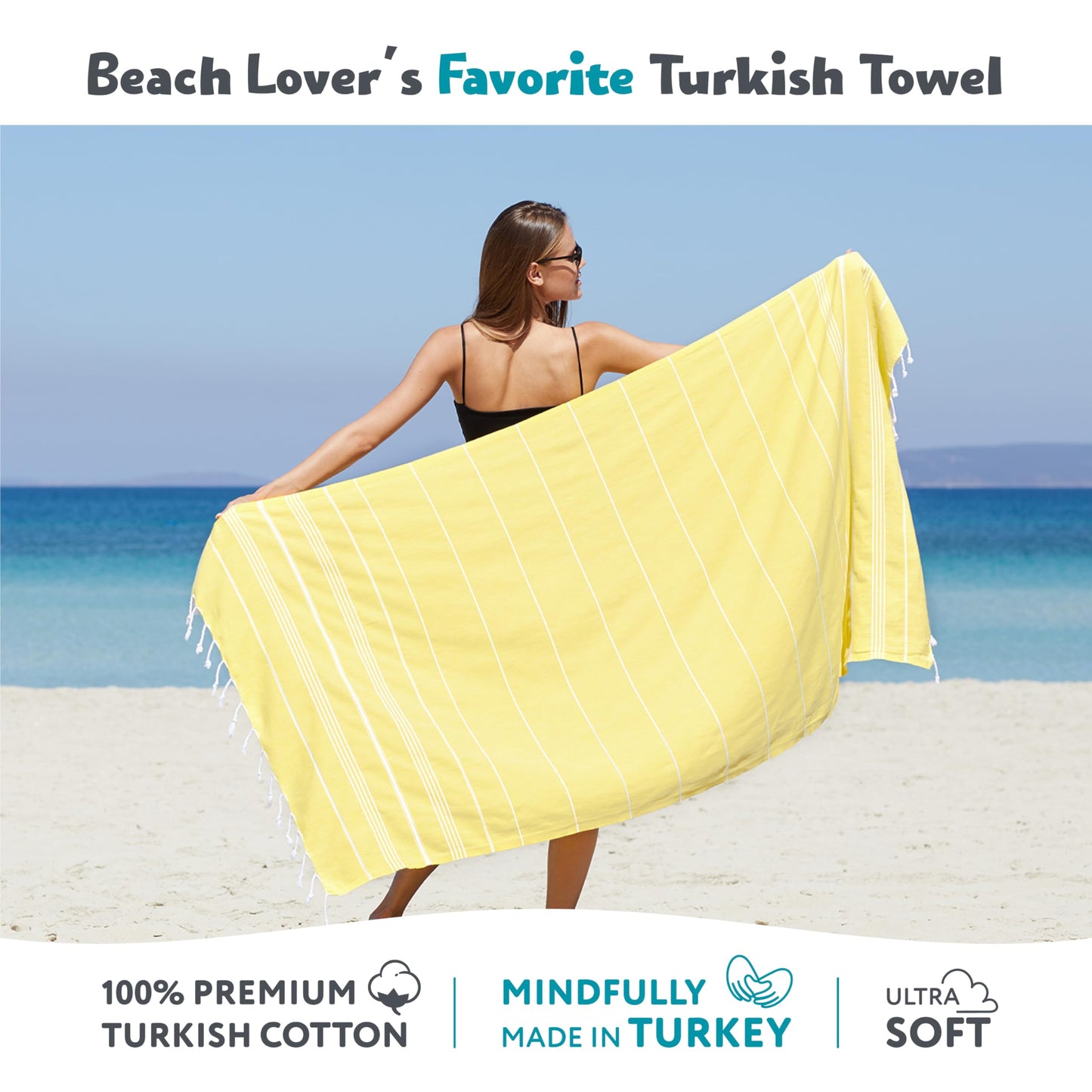 WETCAT Turkish Beach Towel Oversized 38x71 100% Cotton Sand Free Quick Dry Extra Large Light Travel Towel for Adults Beach Accessories Gifts (Yellow, Beach Towel (38" x 71"))