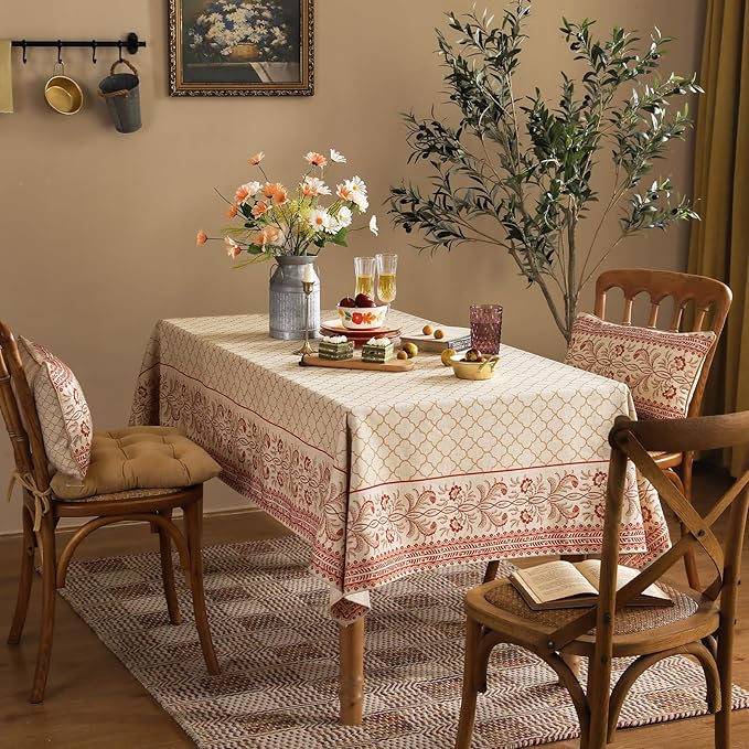 ISAENNE Designer Linen Floral Rectangular Table Cloth,Pale Yellow Farmhouse Indoor Tablecloth,Durable Decor Tablecloths for Dining Kitchen Thanksgiving Christmas,55"*79"-Chamonix A