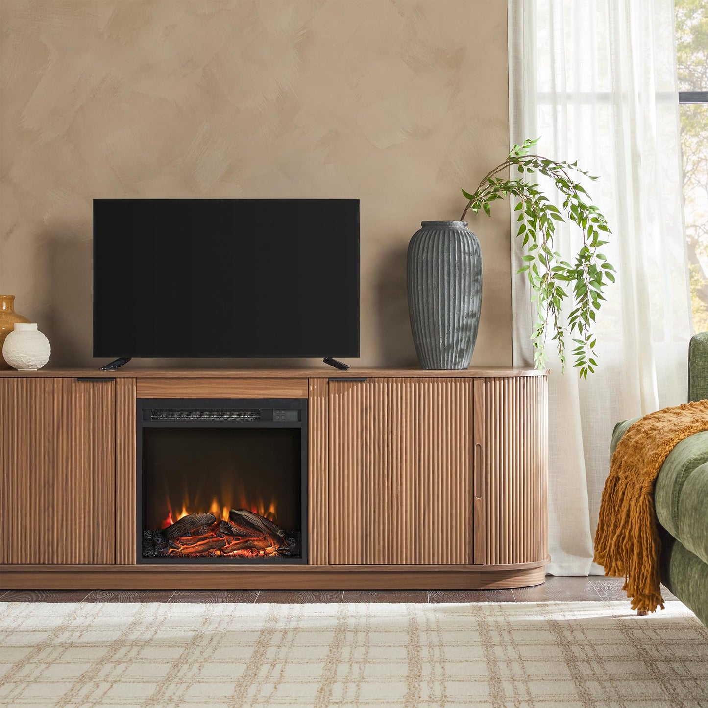 Walker Edison Chloe Reeded TV Stand with Fireplace Insert, 75 Inch, 70 Inch, Mocha