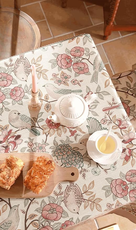 patdrea Designer Pink Linen Table Cloth for Rectangle Table,Vintage Floral with Birds Pattern Decorative Tablcloth,French Table Cover for Kitchen Dining,Thanksgiving,Christmas,63"x102"-Kulom a