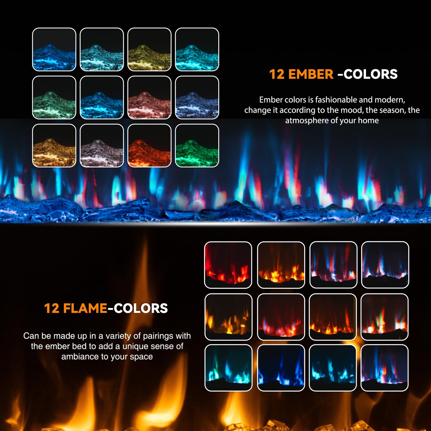 Manastin 50 inch Electric Fireplace in-Wall Recessed and Wall Mounted with Remote Control, 1500/750W Fireplace Heater (60-99ยฐF Thermostat) with 12 Adjustable Color, Timer, Log and Crystal