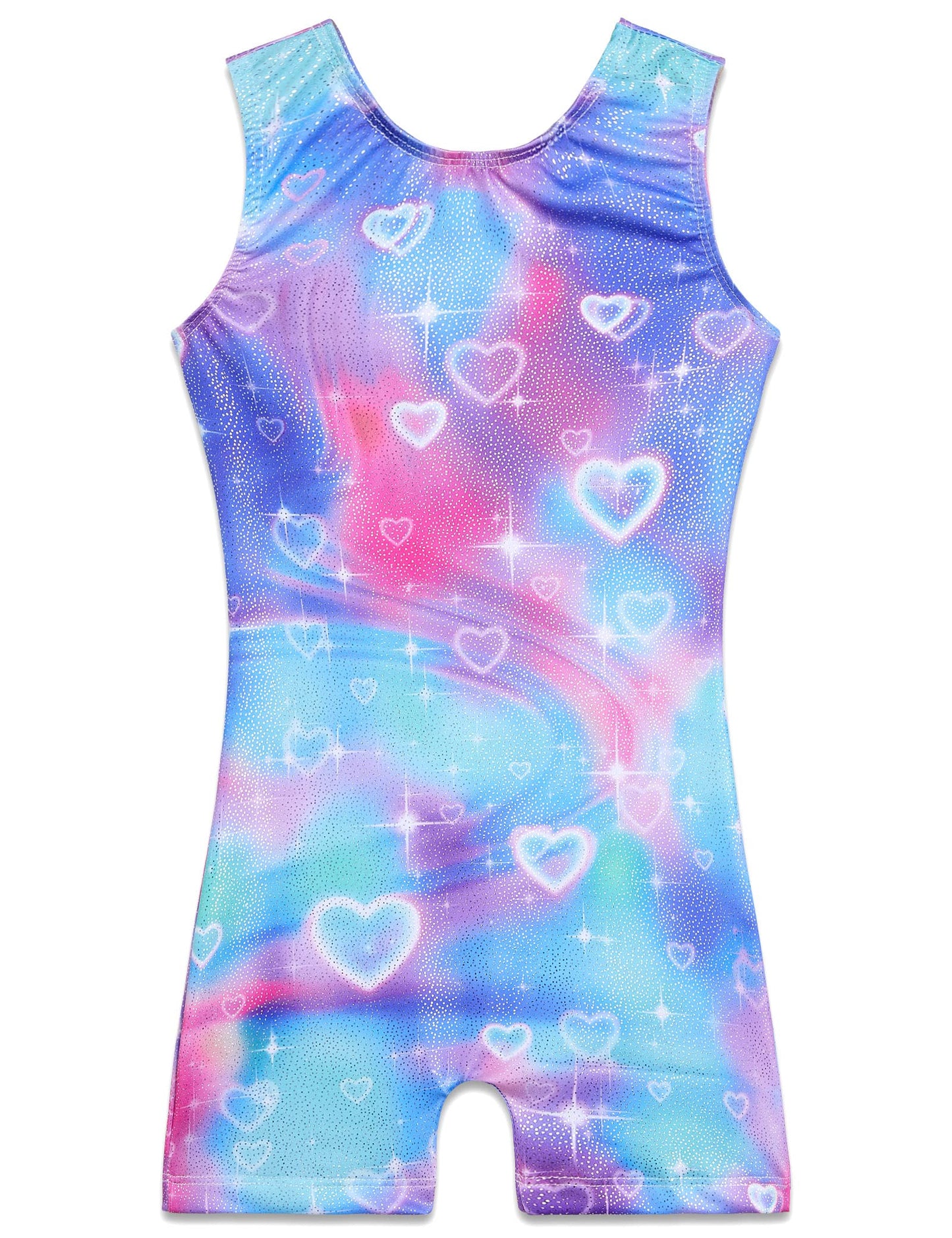 TENVDA Gymnastics Leotards for Girls 5-6 Years Old Tank Biketard with Shorts Sparkly Blue Neon Heart Print Tumbling Unitards