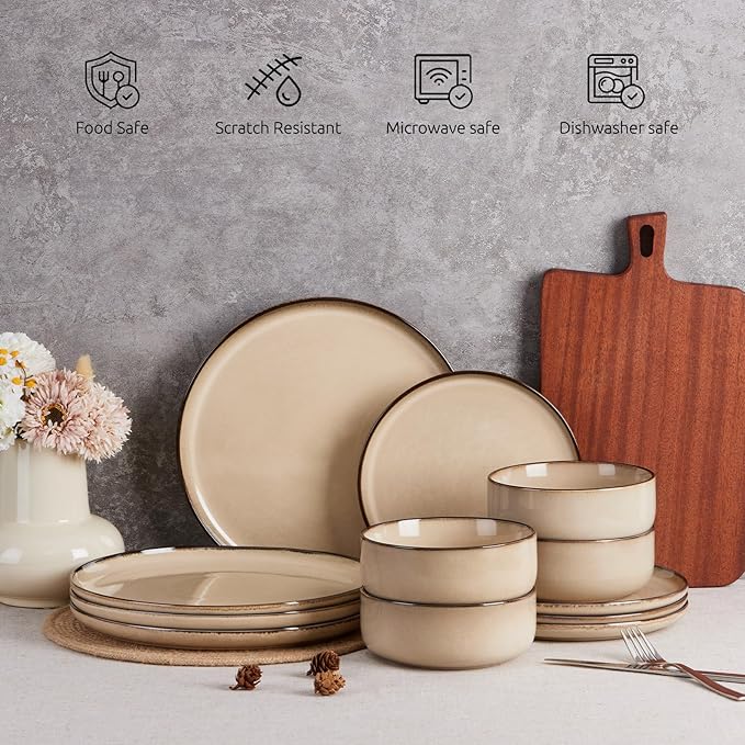 E-far 24-Piece Plates and Bowls Set, Stoneware Dinnerware Sets for 8, Reactive Glaze Ceramic Dinning Ware Dishes, Microwave & Dishwasher Safe - Sandy Beige
