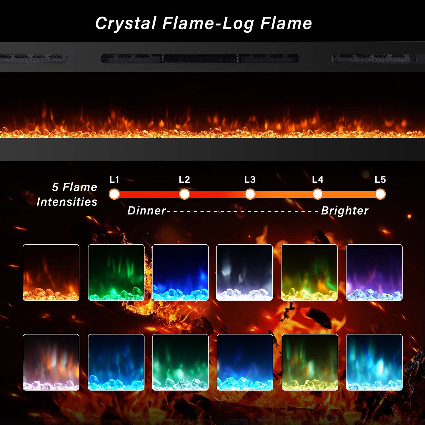 100 inch Electric Fireplace Insert, Wall Mounted, 12 Flame Colors, Remote Control, Timer
