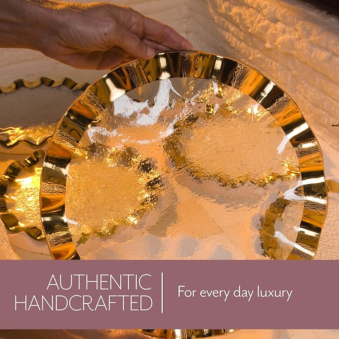 Annieglass Ruffle 19 x 12 Inch Large Shallow Oval Bowl with 24k Gold, Timeless Glass Tableware for all Occasions, Made in the USA