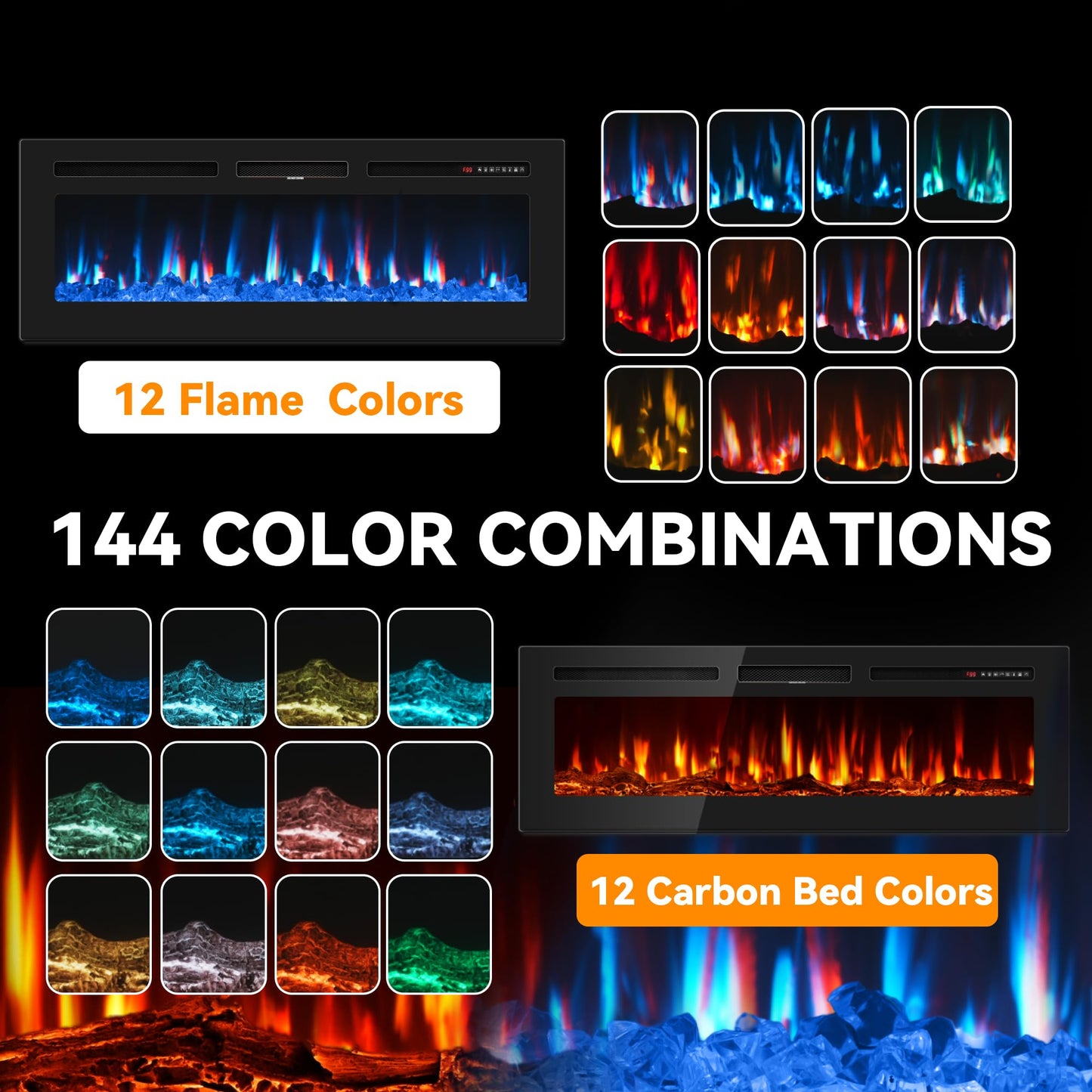 60 Inch Electric Fireplace in-Wall Recessed and Wall Mounted, Ultra-Thin Linear Fireplace Heater 750/1500W with Realistic Flame, Higher Temperatures & Lower Noise, Log Set & Crystal Options